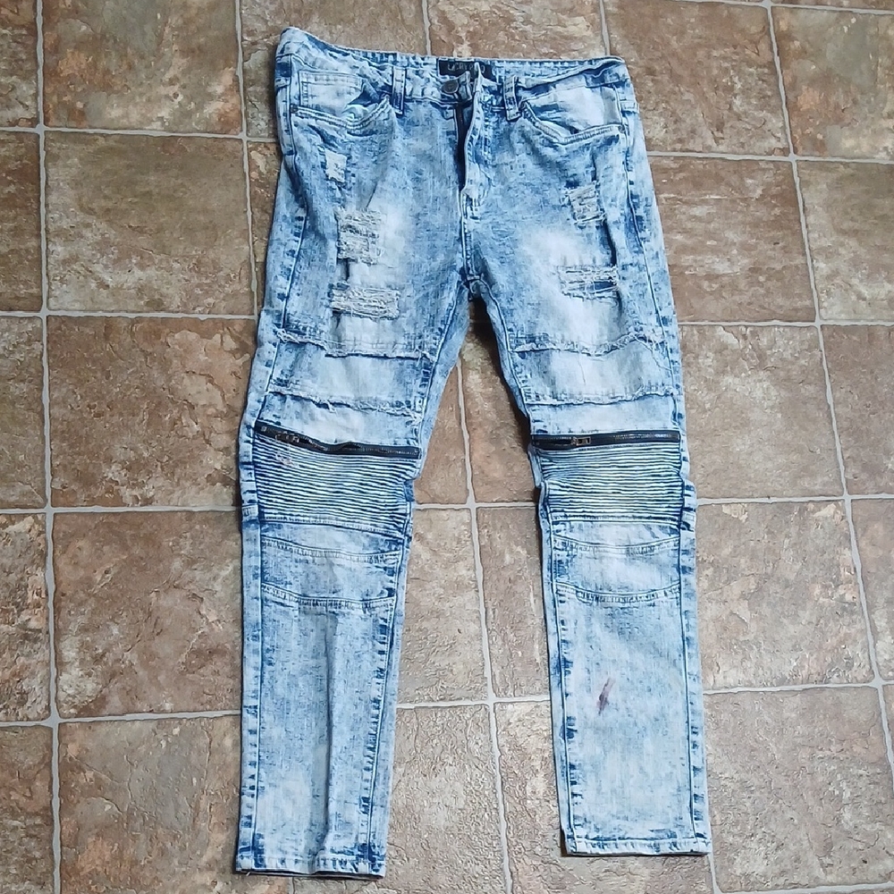 Encrypted Men's Acid Washed Moto Distressed Zipperes Blue Jeans Size 36/32